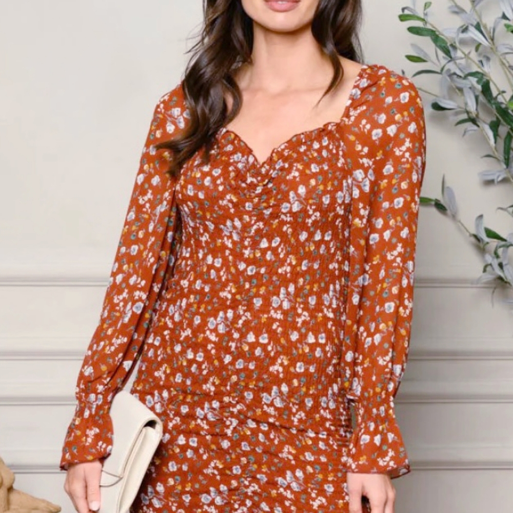 PAPERMOON Stitch Fix Dark Rust Floral Ruched Long Sleeves Dress - Picture 3 of 9